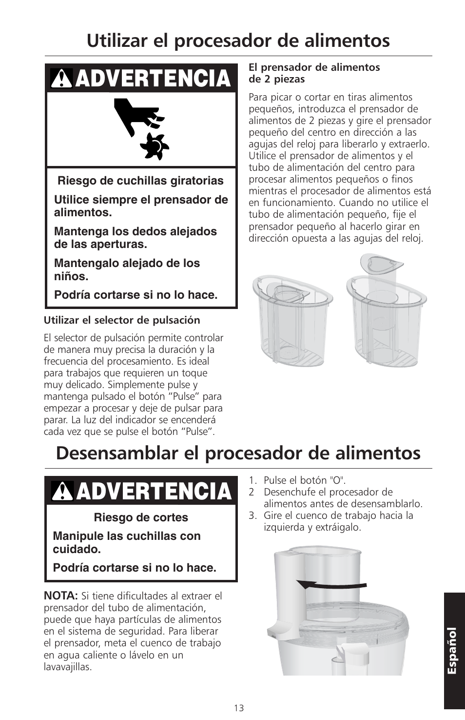 Advertencia, Utilizar el procesador de alimentos, Desensamblar el procesador de alimentos | KITCHENAID ARTISAN 5KFPM770 User Manual | Page 156 / 367