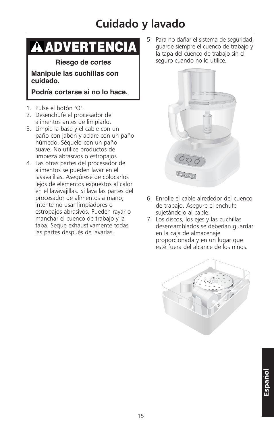 Advertencia, Cuidado y lavado | KITCHENAID ARTISAN 5KFPM770 User Manual | Page 158 / 367