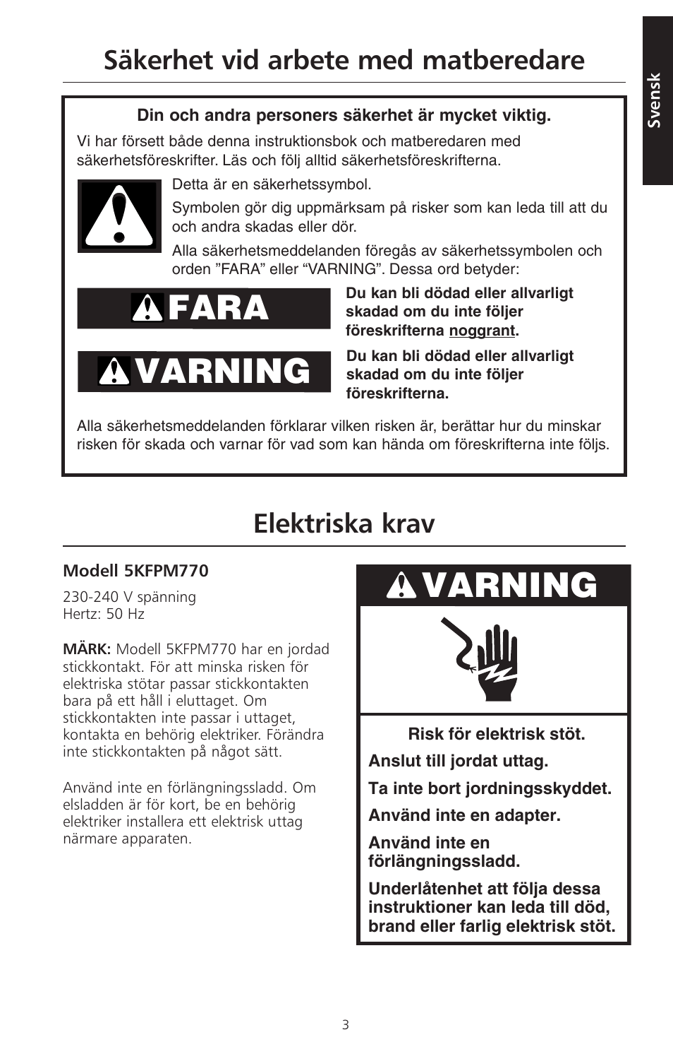 Fara varning, Varning | KITCHENAID ARTISAN 5KFPM770 User Manual | Page 174 / 367