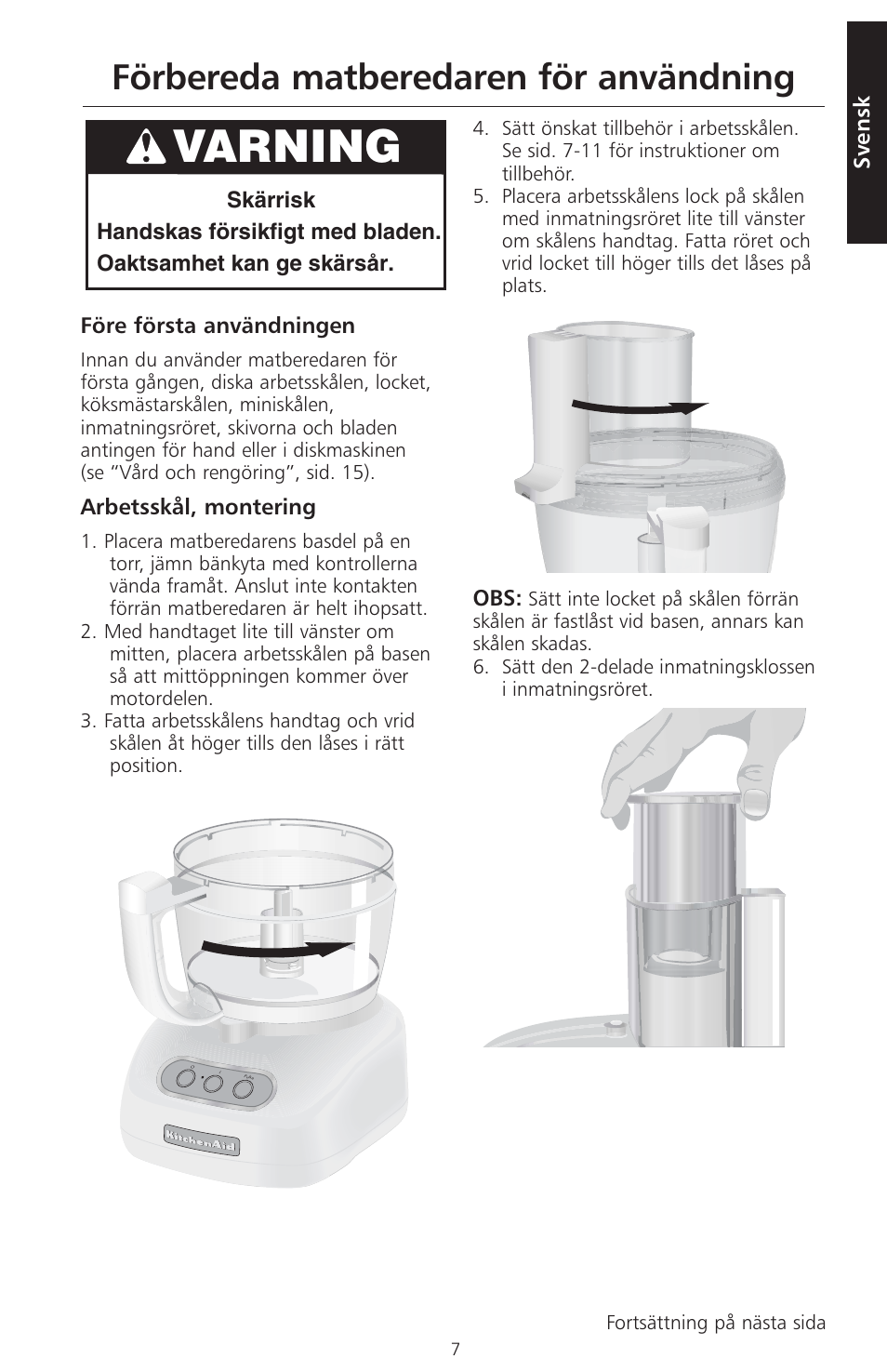 Varning, Förbereda matberedaren för användning | KITCHENAID ARTISAN 5KFPM770 User Manual | Page 178 / 367