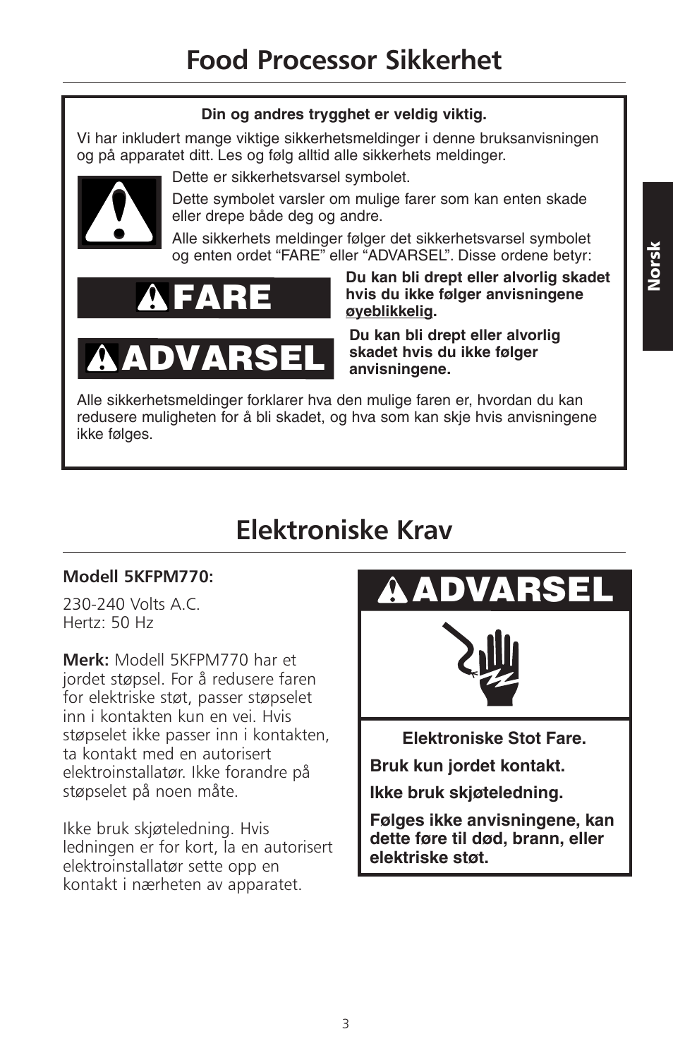 Fare advarsel, Advarsel, Food processor sikkerhet elektroniske krav | KITCHENAID ARTISAN 5KFPM770 User Manual | Page 202 / 367