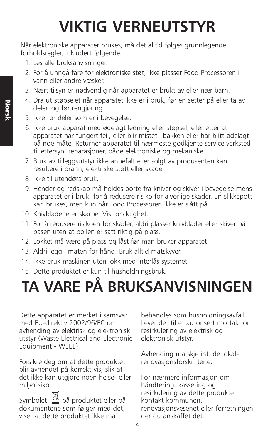 Viktig verneutstyr, Ta vare på bruksanvisningen | KITCHENAID ARTISAN 5KFPM770 User Manual | Page 203 / 367