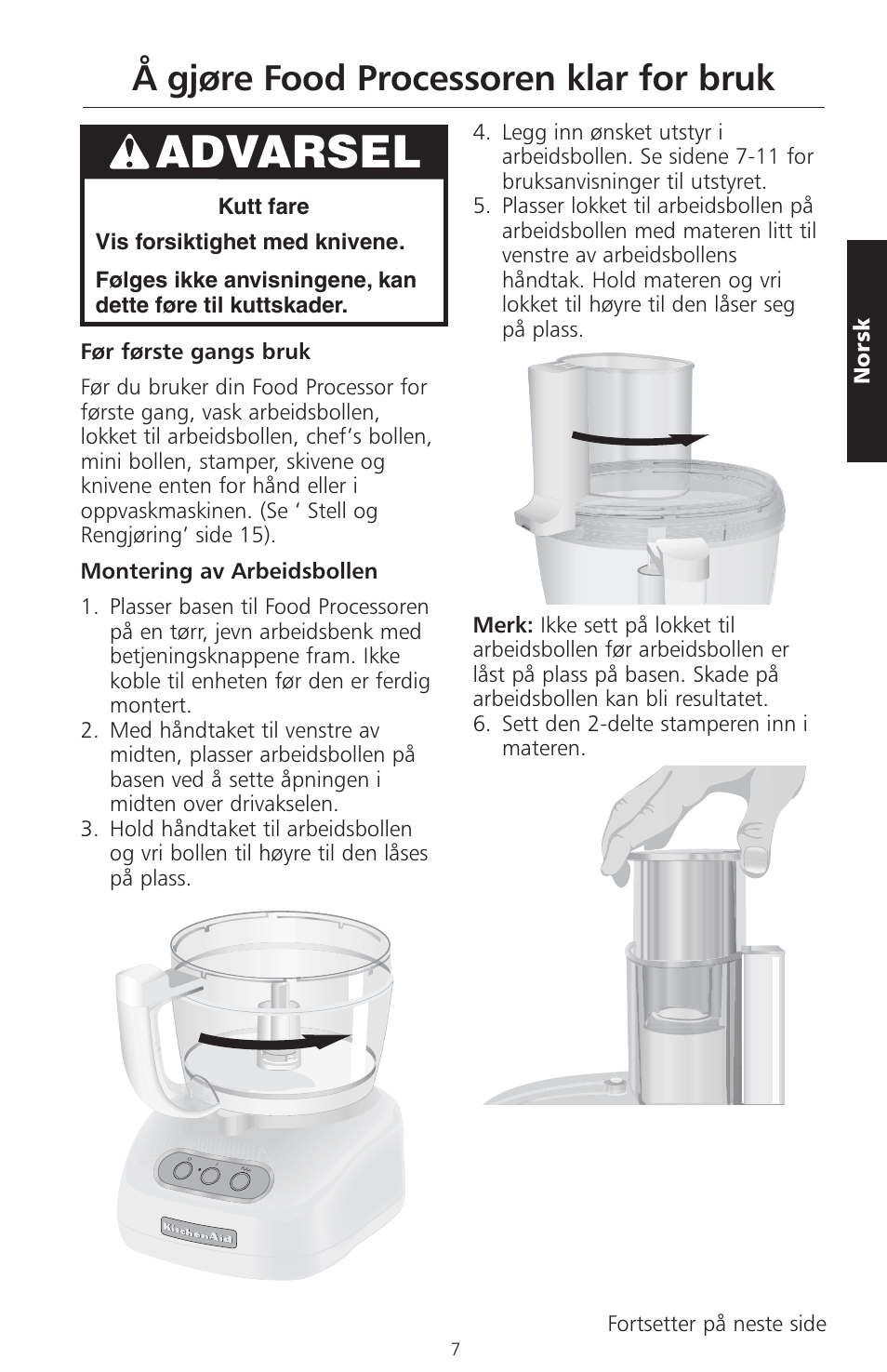 Advarsel, Å gjøre food processoren klar for bruk | KITCHENAID ARTISAN 5KFPM770 User Manual | Page 206 / 367