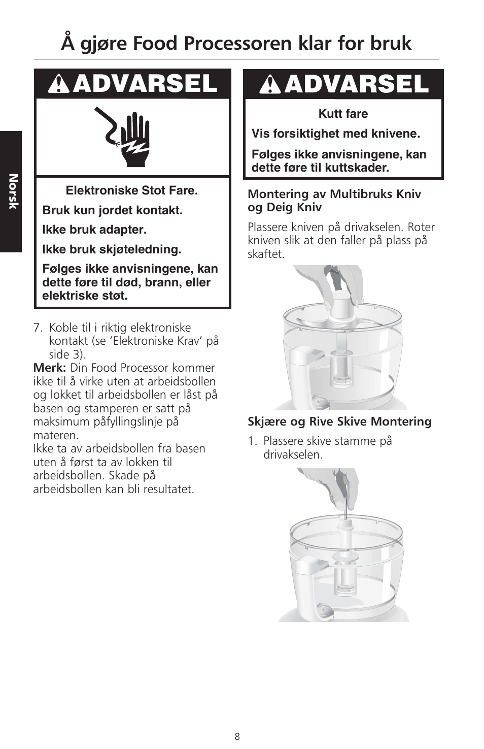 Advarsel, Å gjøre food processoren klar for bruk | KITCHENAID ARTISAN 5KFPM770 User Manual | Page 207 / 367