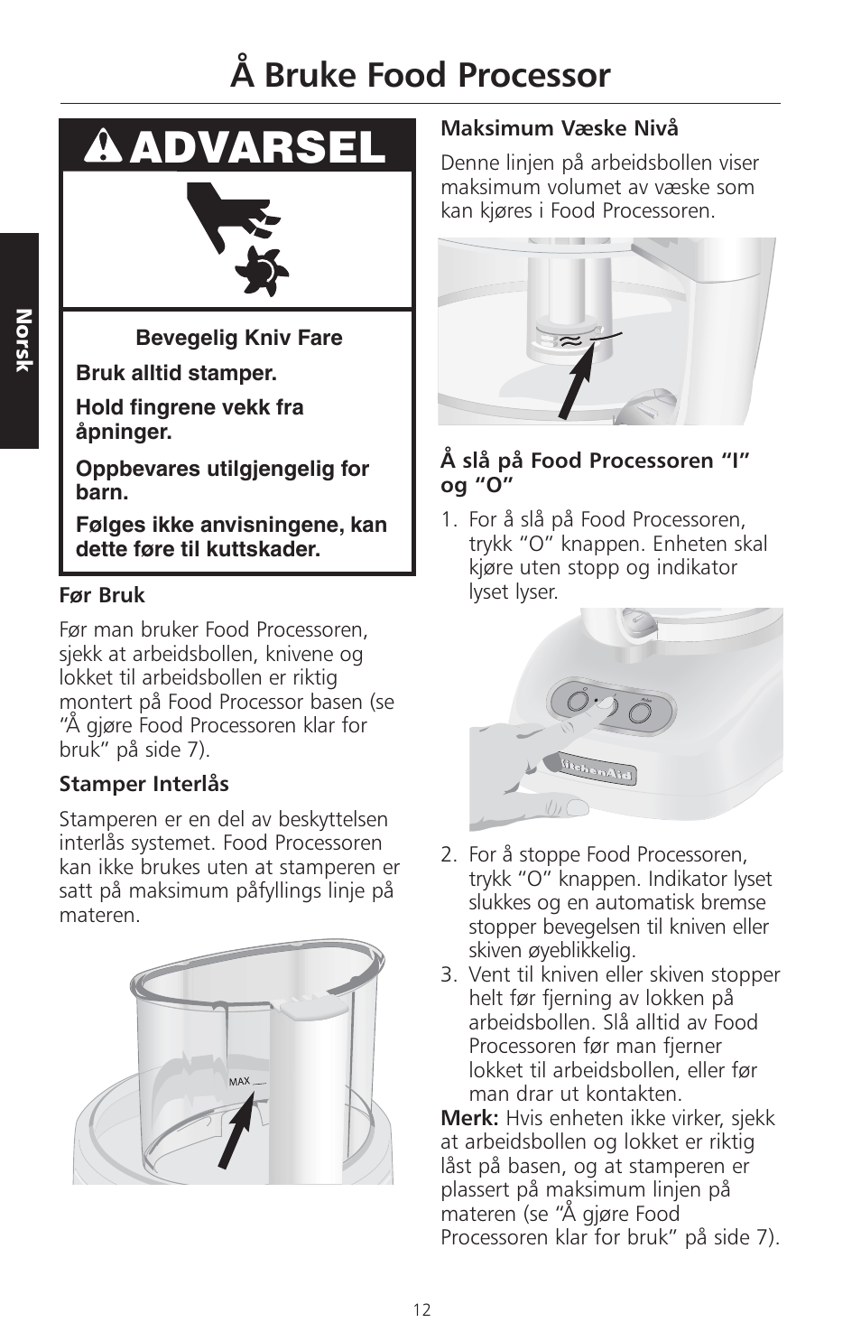 Advarsel, Å bruke food processor | KITCHENAID ARTISAN 5KFPM770 User Manual | Page 211 / 367