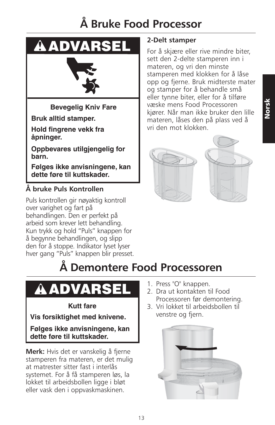 Advarsel, Å bruke food processor, Å demontere food processoren | KITCHENAID ARTISAN 5KFPM770 User Manual | Page 212 / 367