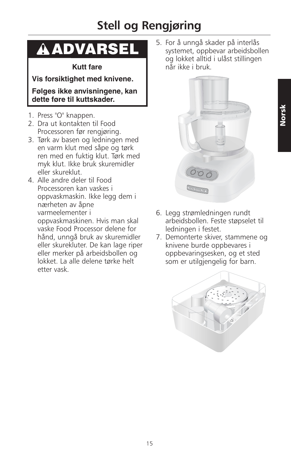 Advarsel, Stell og rengjøring | KITCHENAID ARTISAN 5KFPM770 User Manual | Page 214 / 367