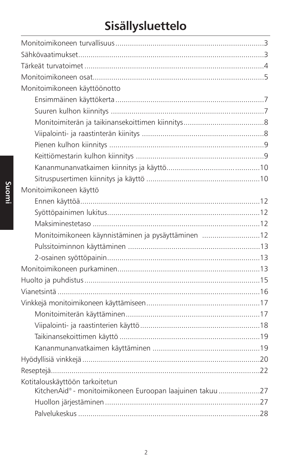 Sisällysluettelo | KITCHENAID ARTISAN 5KFPM770 User Manual | Page 229 / 367