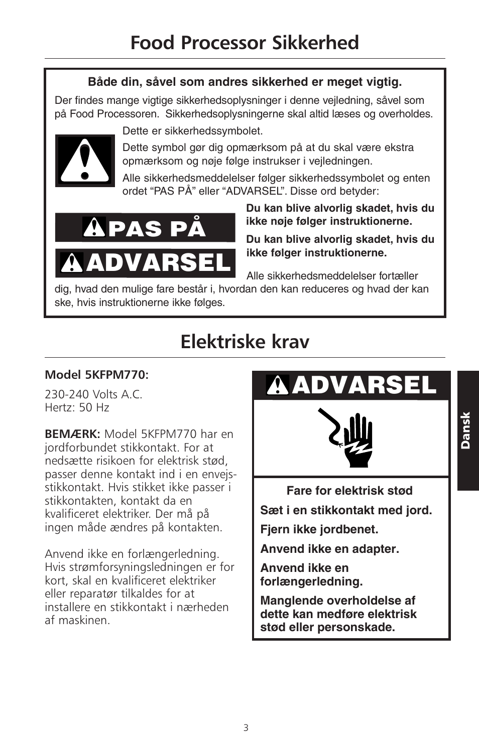 Advarsel, Pas på, Food processor sikkerhed elektriske krav | KITCHENAID ARTISAN 5KFPM770 User Manual | Page 258 / 367