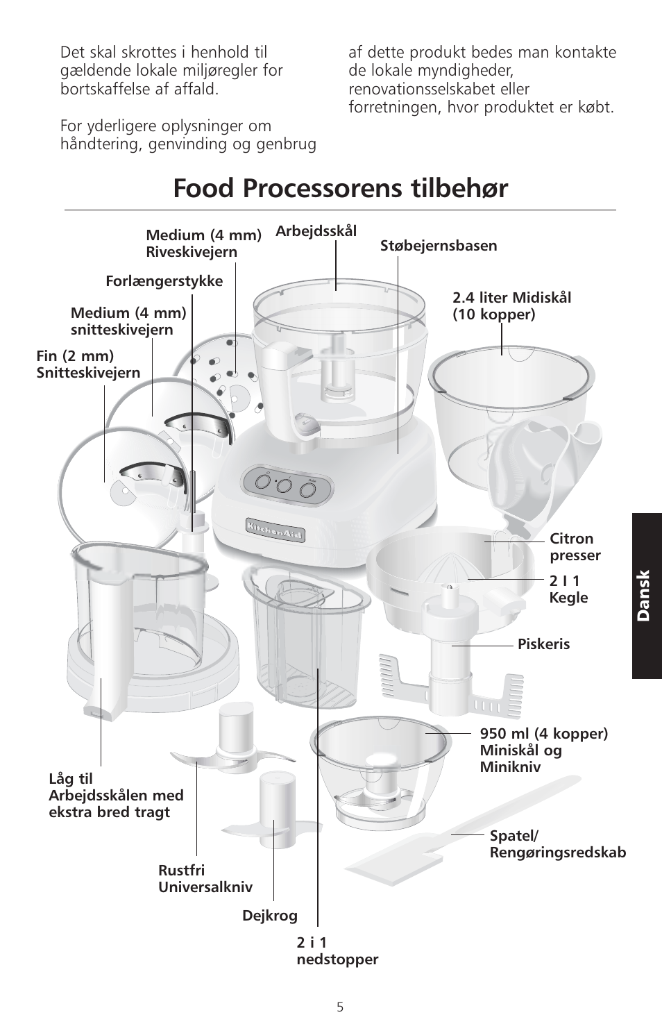 Food processorens tilbehør, Dansk | KITCHENAID ARTISAN 5KFPM770 User Manual | Page 260 / 367