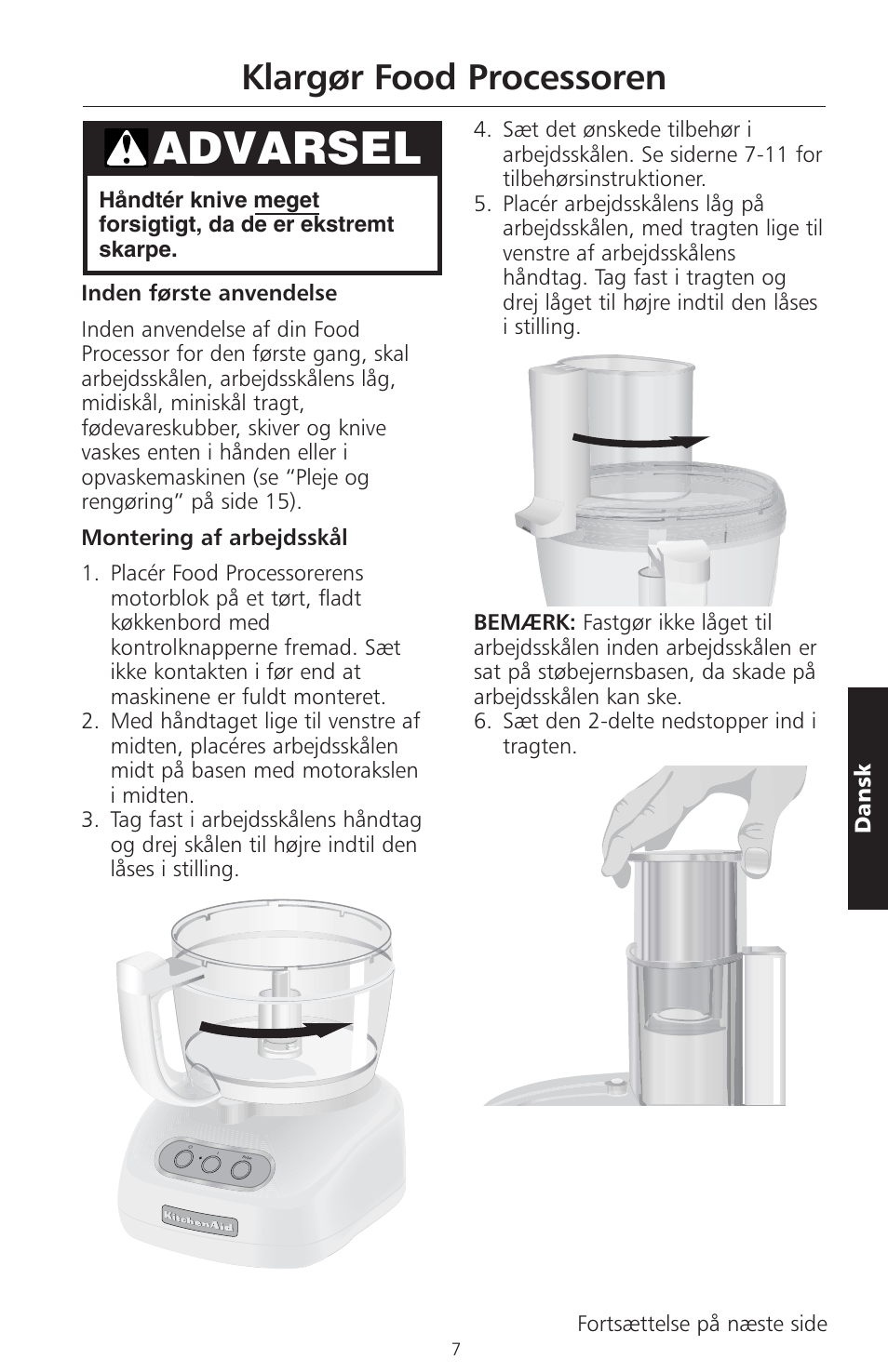 Advarsel, Klargør food processoren | KITCHENAID ARTISAN 5KFPM770 User Manual | Page 262 / 367