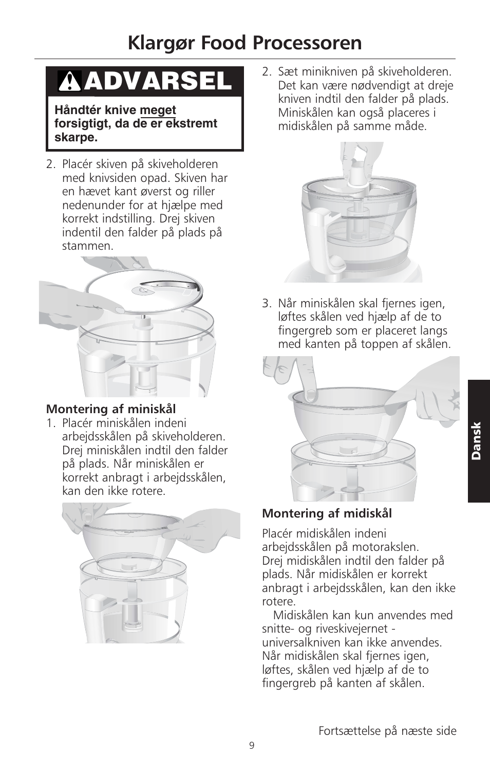 Advarsel, Klargør food processoren | KITCHENAID ARTISAN 5KFPM770 User Manual | Page 264 / 367
