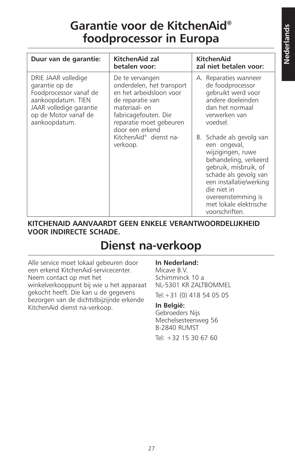 Garantie voor de kitchenaid, Foodprocessor in europa dienst na-verkoop | KITCHENAID ARTISAN 5KFPM770 User Manual | Page 28 / 367