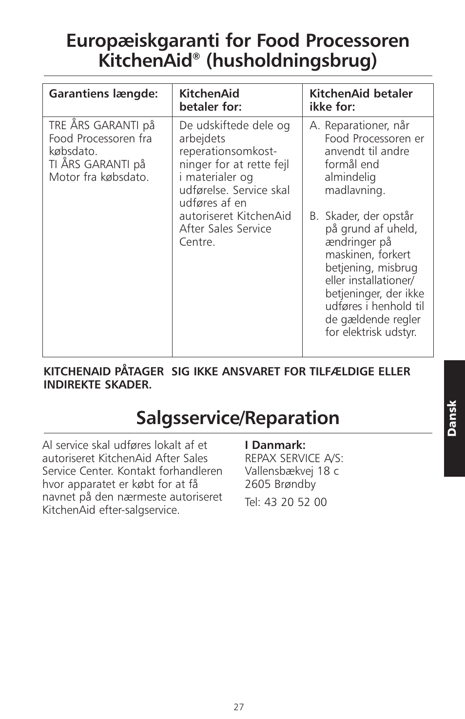 Europæiskgaranti for food processoren kitchenaid, Husholdningsbrug) salgsservice/reparation | KITCHENAID ARTISAN 5KFPM770 User Manual | Page 282 / 367