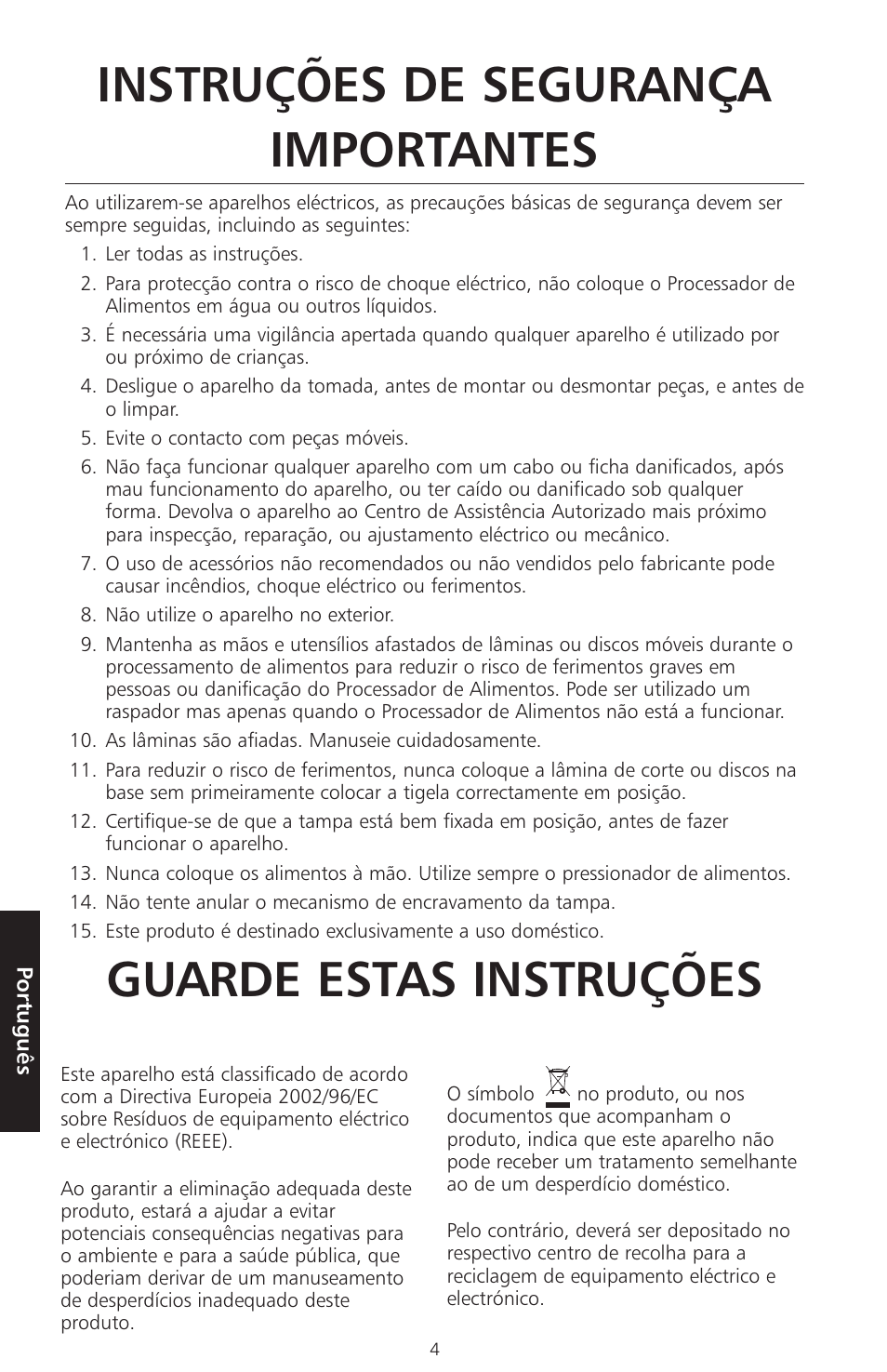 Instruções de segurança importantes, Guarde estas instruções | KITCHENAID ARTISAN 5KFPM770 User Manual | Page 287 / 367