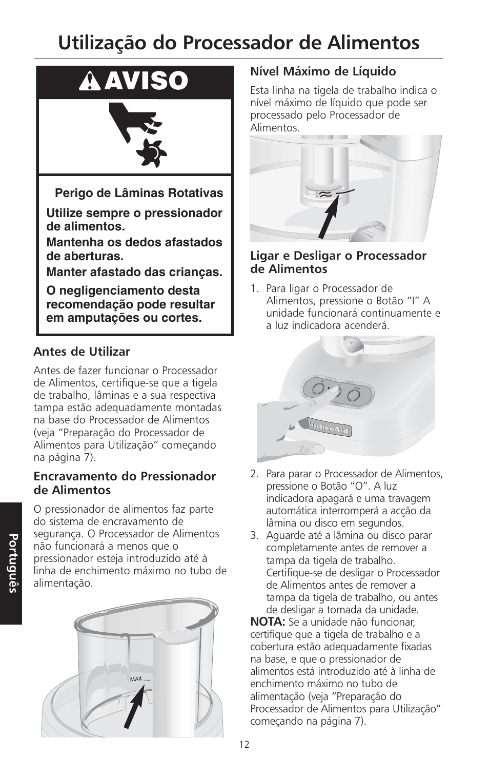 Aviso, Utilização do processador de alimentos | KITCHENAID ARTISAN 5KFPM770 User Manual | Page 295 / 367