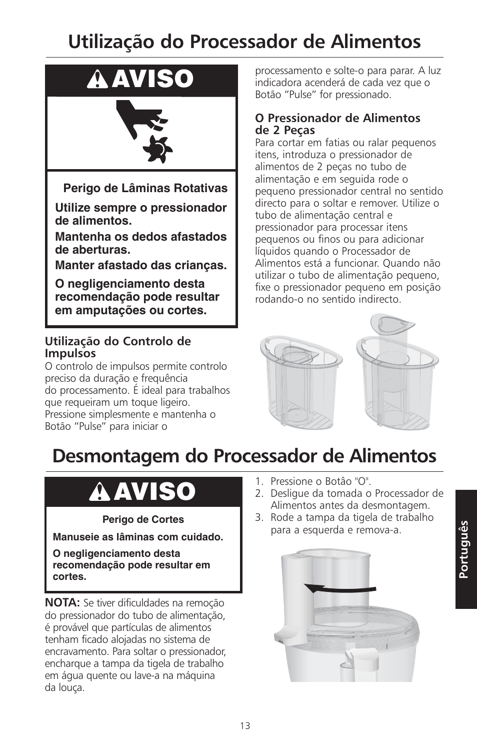 Aviso, Utilização do processador de alimentos, Desmontagem do processador de alimentos | KITCHENAID ARTISAN 5KFPM770 User Manual | Page 296 / 367