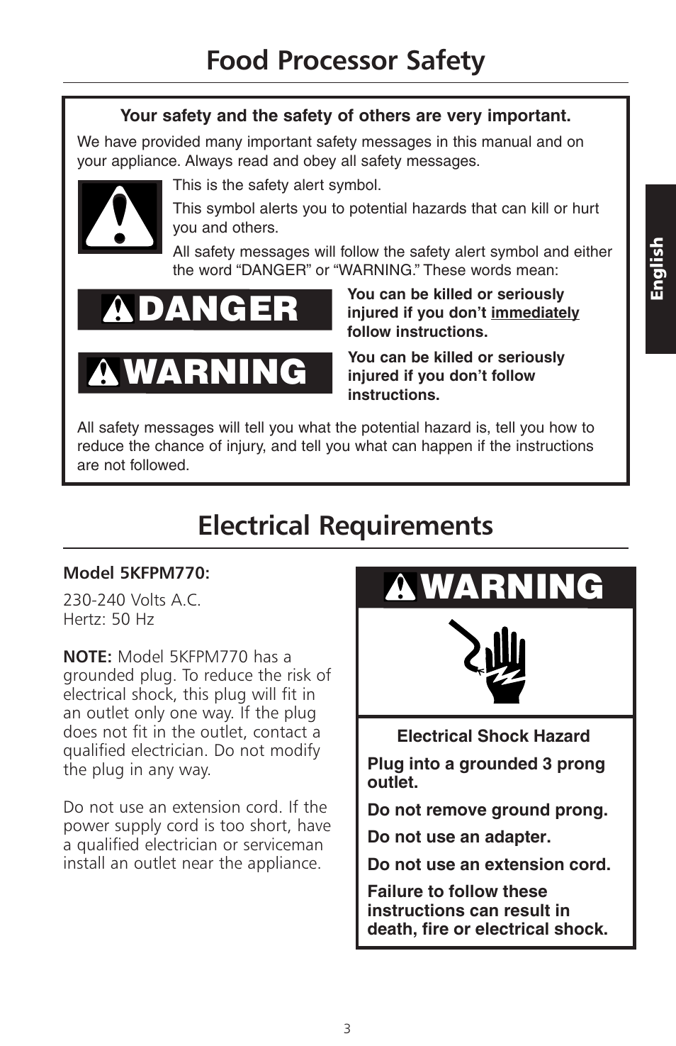 Danger warning, Warning, Food processor safety electrical requirements | KITCHENAID ARTISAN 5KFPM770 User Manual | Page 32 / 367