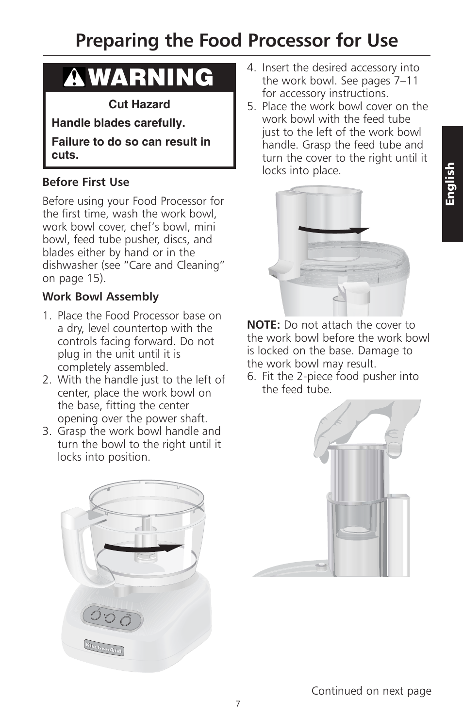 Warning, Preparing the food processor for use | KITCHENAID ARTISAN 5KFPM770 User Manual | Page 36 / 367