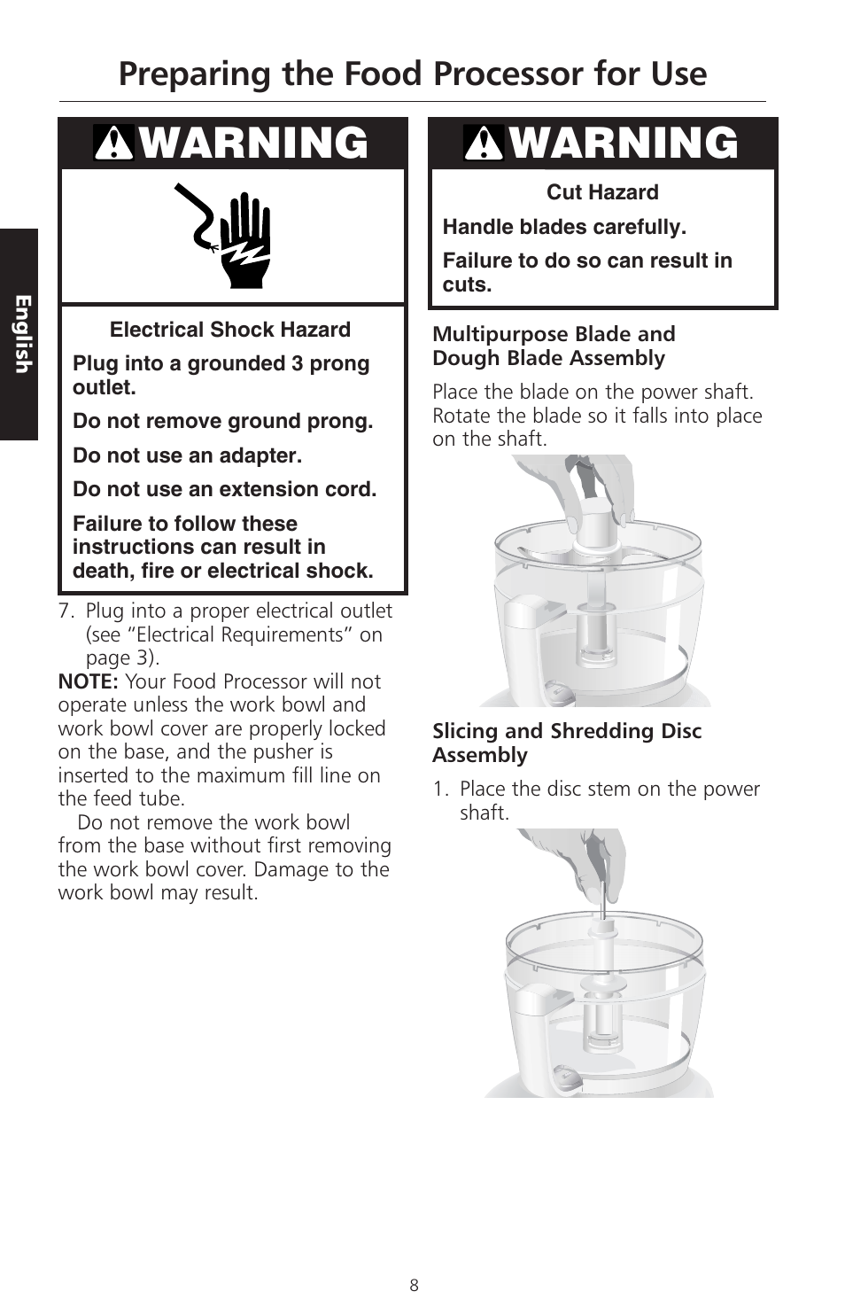 Warning, Preparing the food processor for use | KITCHENAID ARTISAN 5KFPM770 User Manual | Page 37 / 367