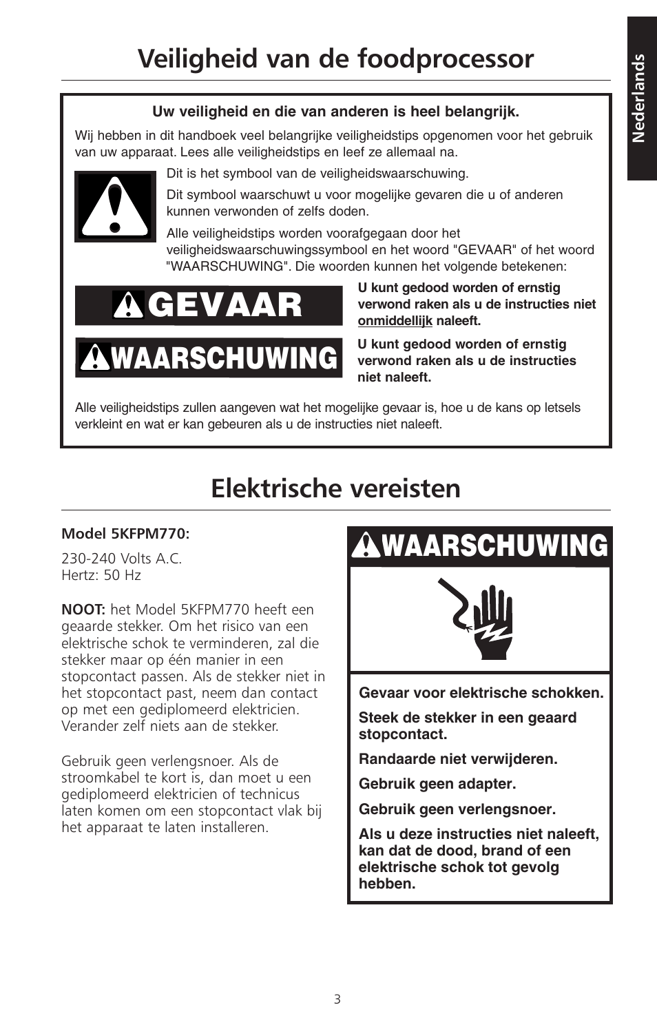 Gevaar, Waarschuwing | KITCHENAID ARTISAN 5KFPM770 User Manual | Page 4 / 367