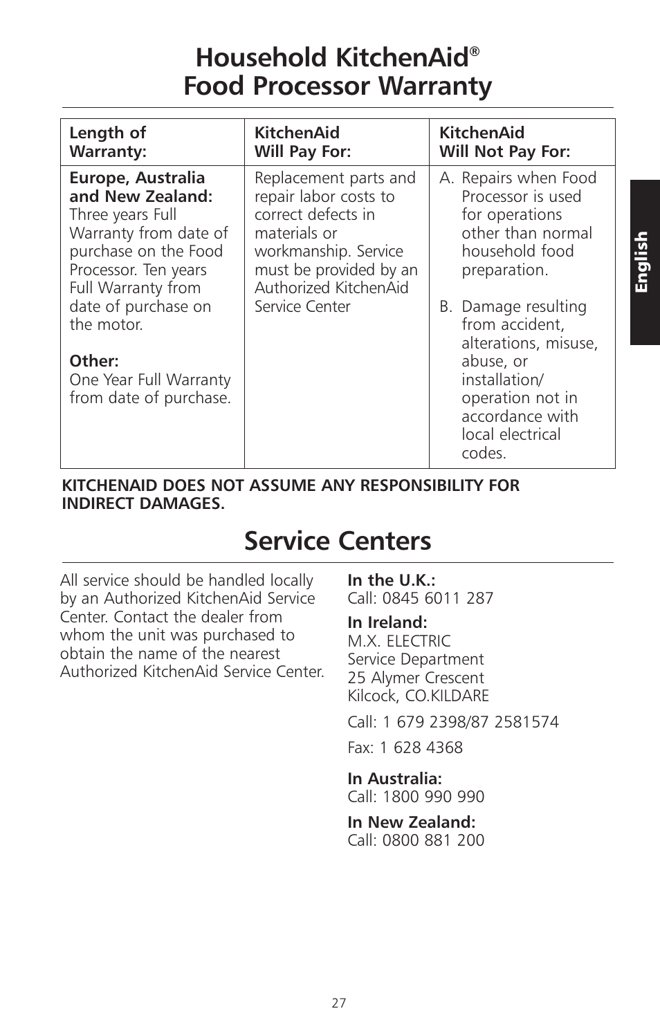 Household kitchenaid, Food processor warranty service centers | KITCHENAID ARTISAN 5KFPM770 User Manual | Page 56 / 367