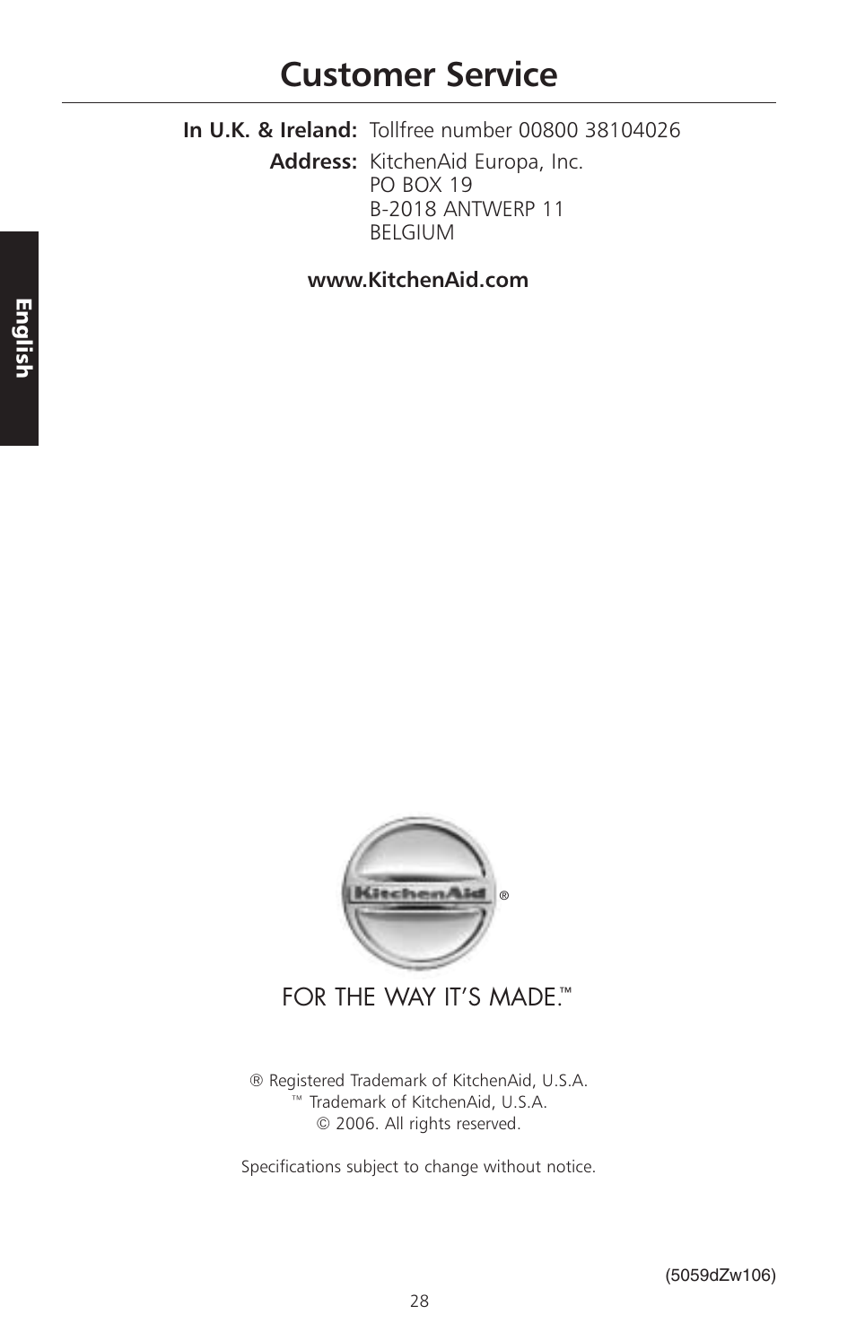 Customer service, For the way it’s made | KITCHENAID ARTISAN 5KFPM770 User Manual | Page 57 / 367