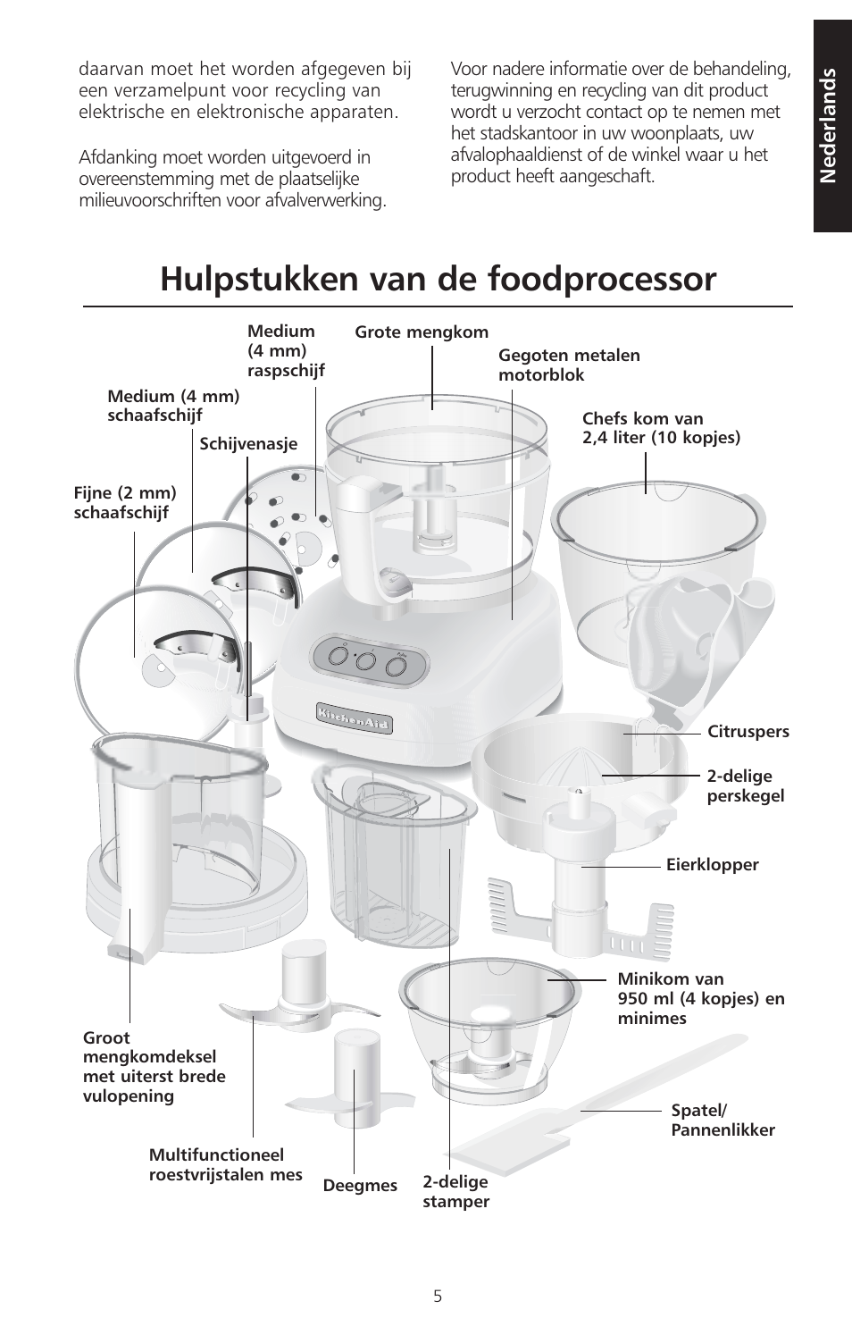 Hulpstukken van de foodprocessor, Nederlands | KITCHENAID ARTISAN 5KFPM770 User Manual | Page 6 / 367