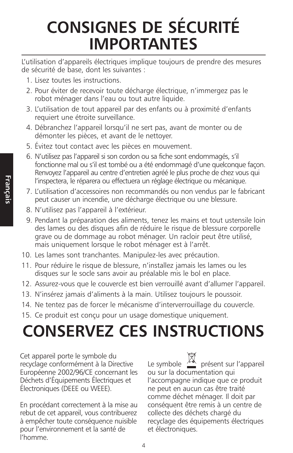 Consignes de sécurité importantes, Conservez ces instructions | KITCHENAID ARTISAN 5KFPM770 User Manual | Page 61 / 367