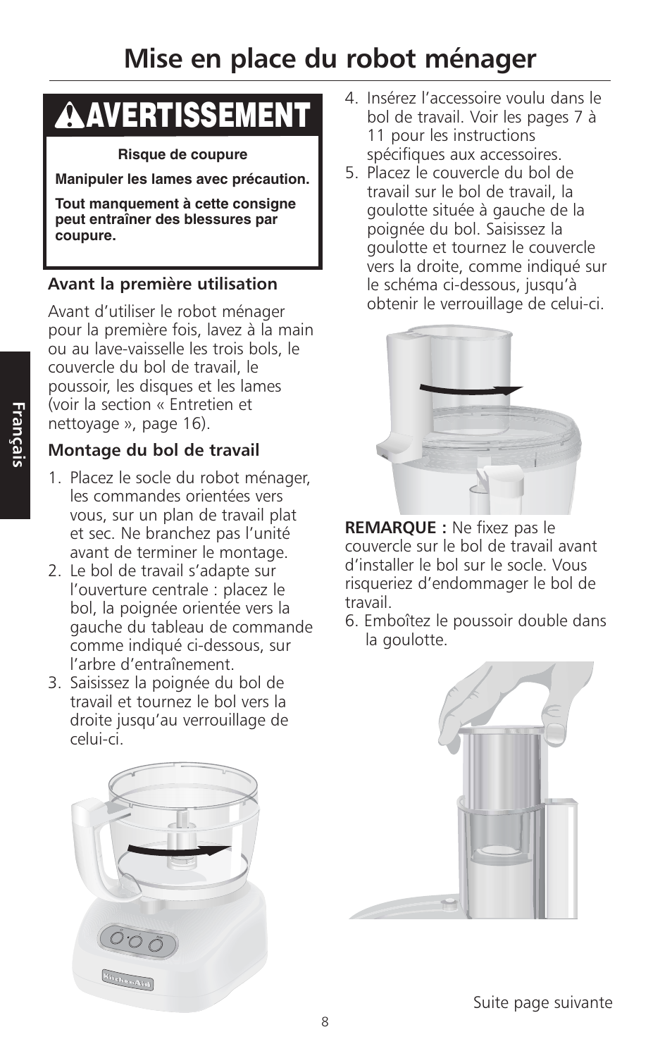 Avertissement, Mise en place du robot ménager | KITCHENAID ARTISAN 5KFPM770 User Manual | Page 65 / 367