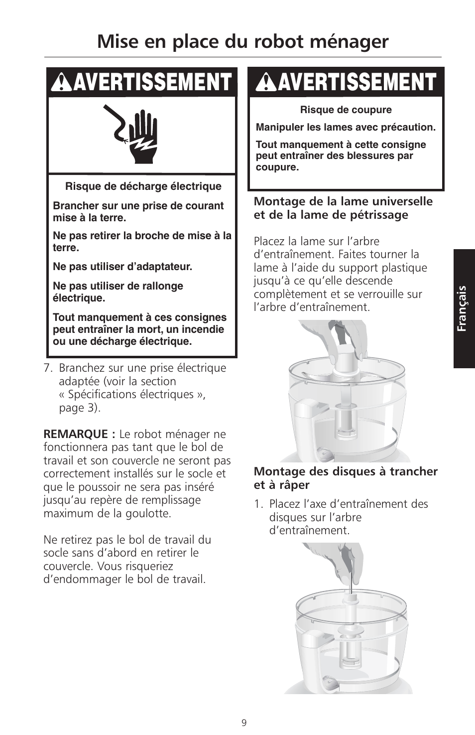 Avertissement, Mise en place du robot ménager | KITCHENAID ARTISAN 5KFPM770 User Manual | Page 66 / 367