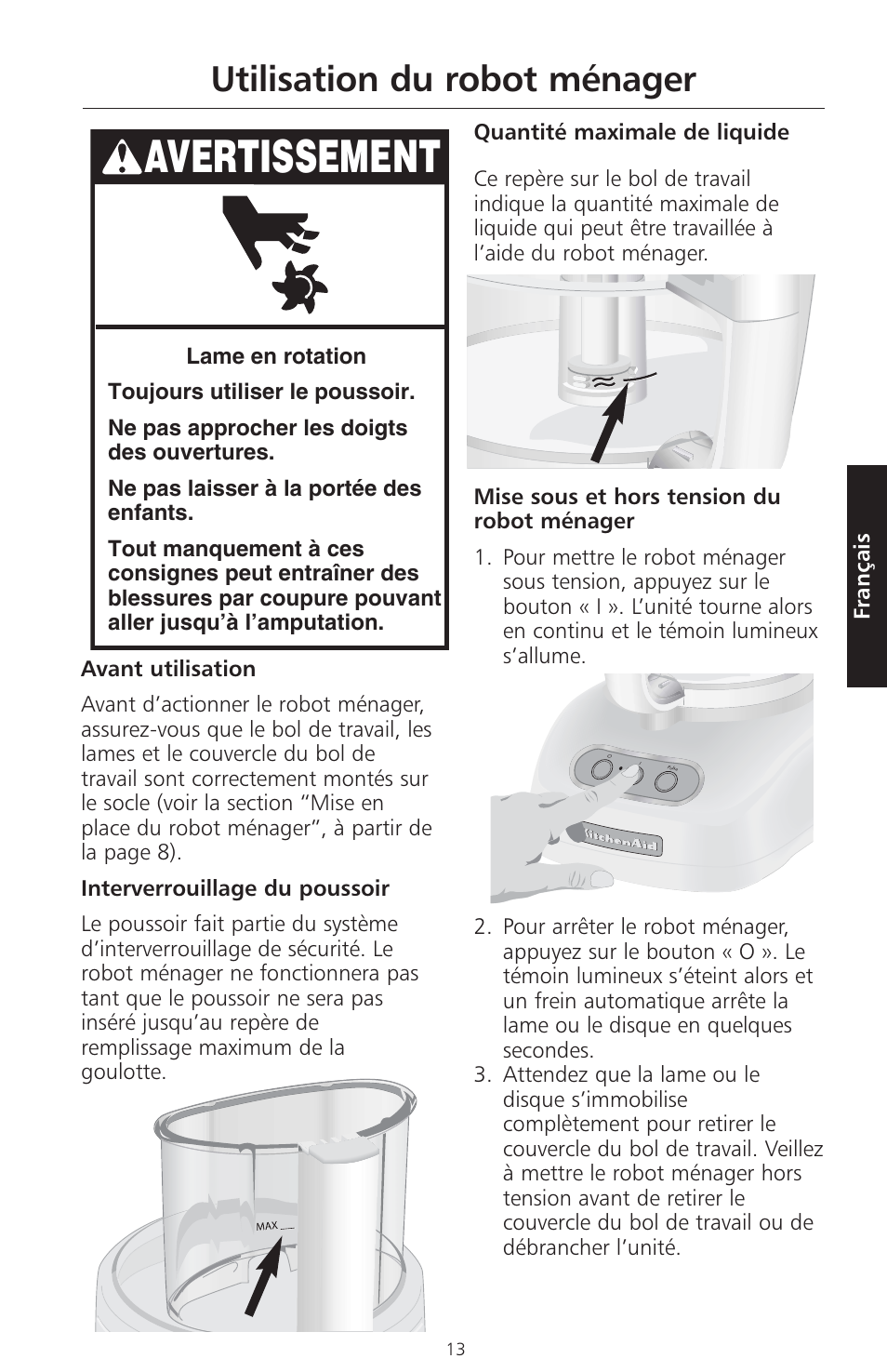 Avertissement, Utilisation du robot ménager | KITCHENAID ARTISAN 5KFPM770 User Manual | Page 70 / 367