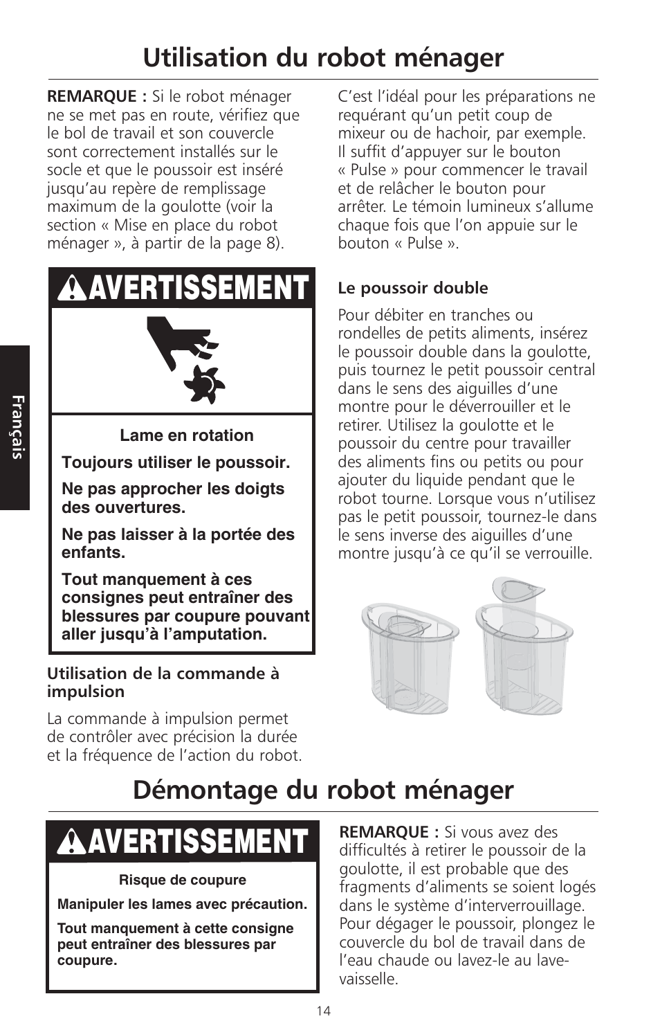 Avertissement, Utilisation du robot ménager, Démontage du robot ménager | KITCHENAID ARTISAN 5KFPM770 User Manual | Page 71 / 367