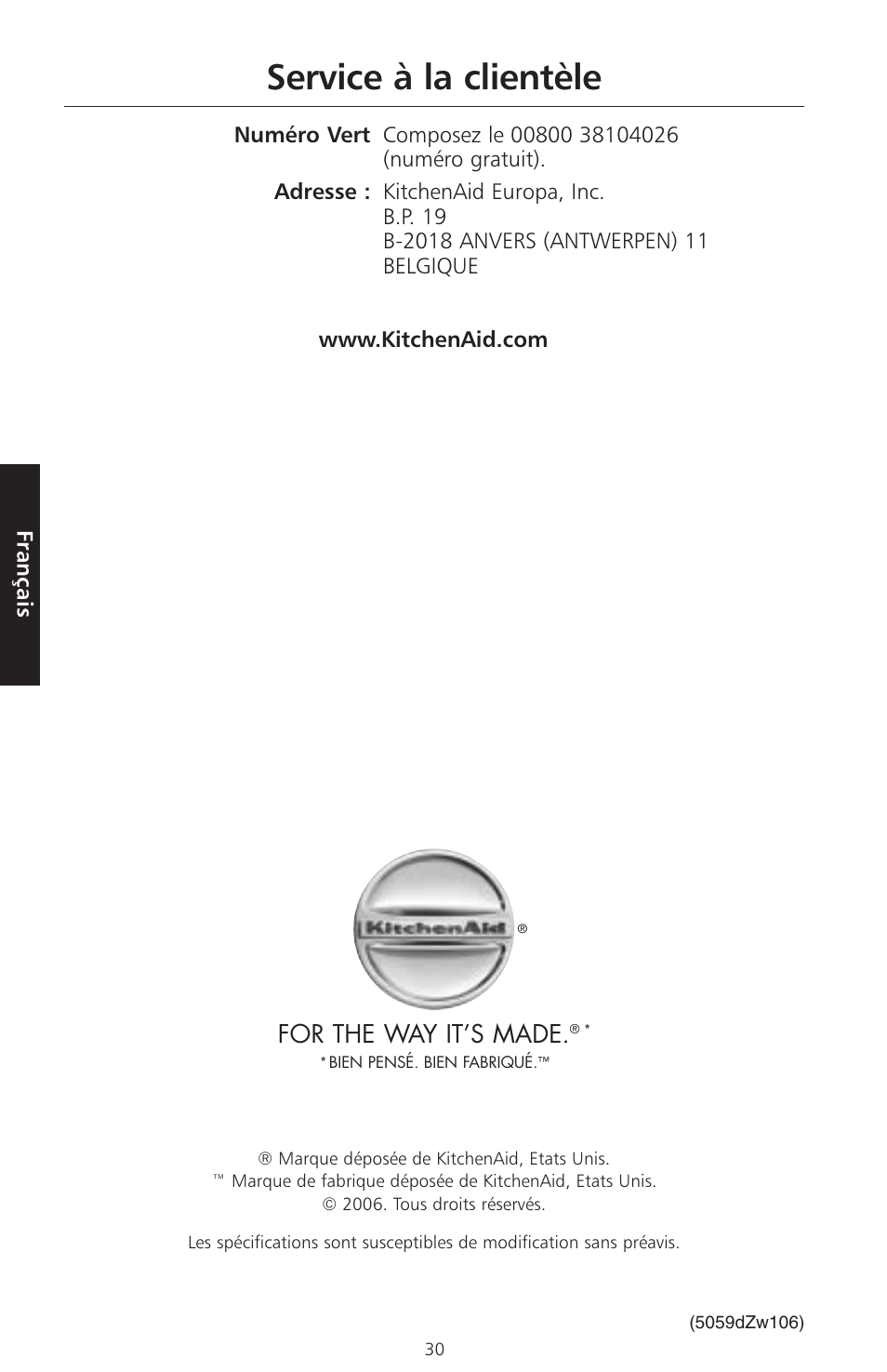 Service à la clientèle, For the way it’s made | KITCHENAID ARTISAN 5KFPM770 User Manual | Page 87 / 367