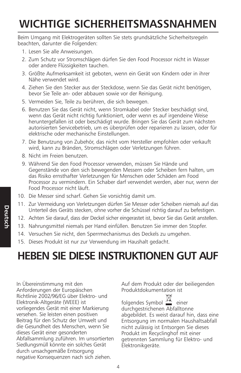 Wichtige sicherheitsmassnahmen, Heben sie diese instruktionen gut auf | KITCHENAID ARTISAN 5KFPM770 User Manual | Page 91 / 367