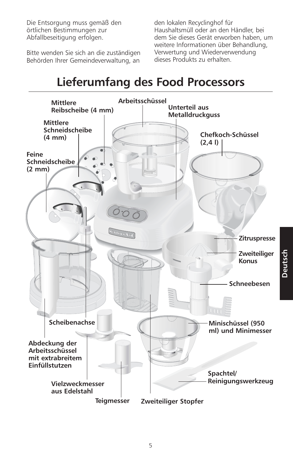 Lieferumfang des food processors, Deutsch | KITCHENAID ARTISAN 5KFPM770 User Manual | Page 92 / 367