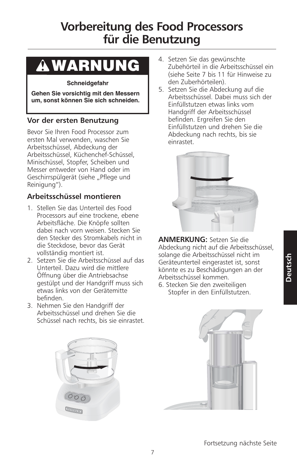 Vorbereitung des food processors für die benutzung, Deutsch, Vor der ersten benutzung | Arbeitsschüssel montieren, Anmerkung | KITCHENAID ARTISAN 5KFPM770 User Manual | Page 94 / 367