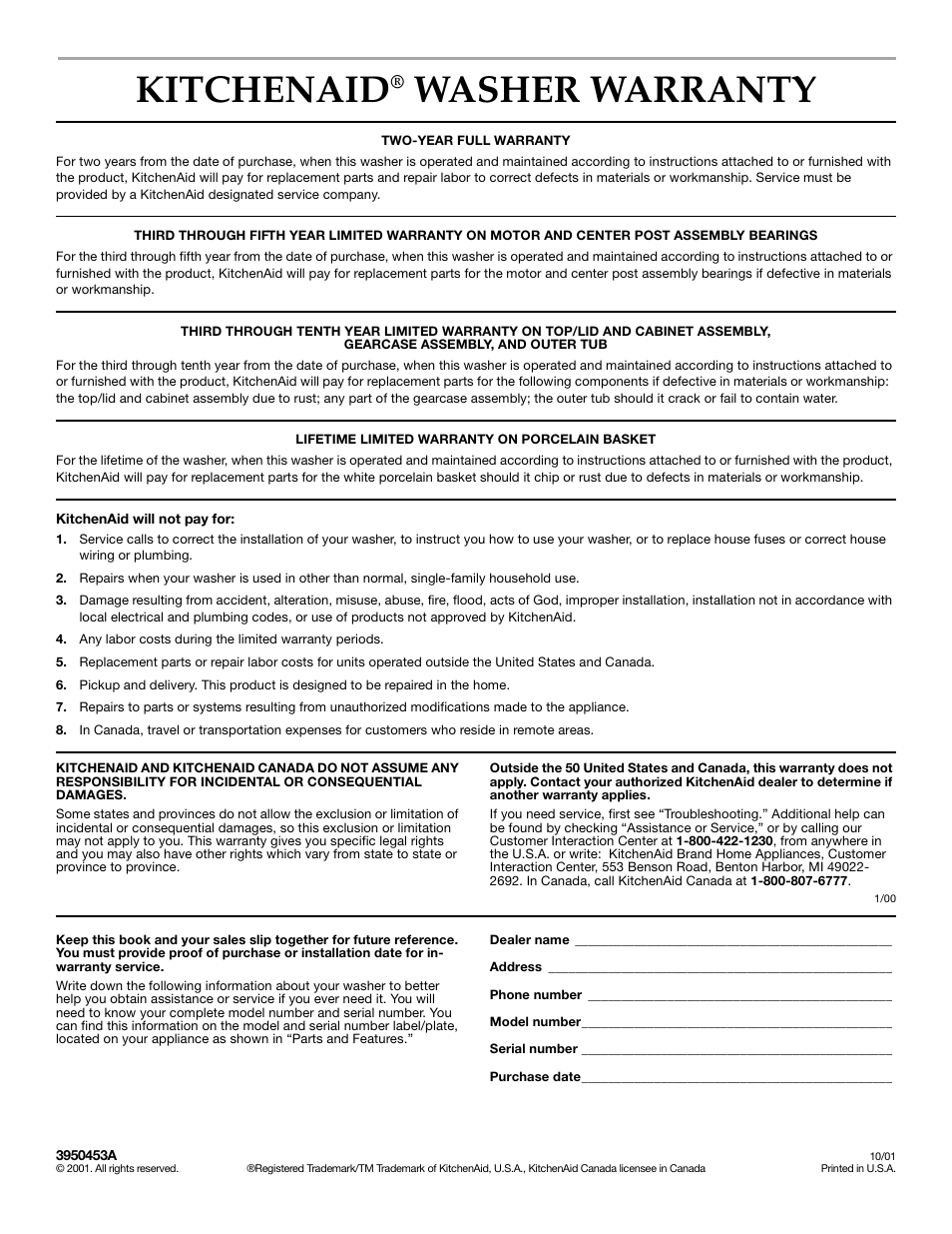 Warranty, Kitchenaid, Washer warranty | KITCHENAID KAWS750J User Manual | Page 12 / 12