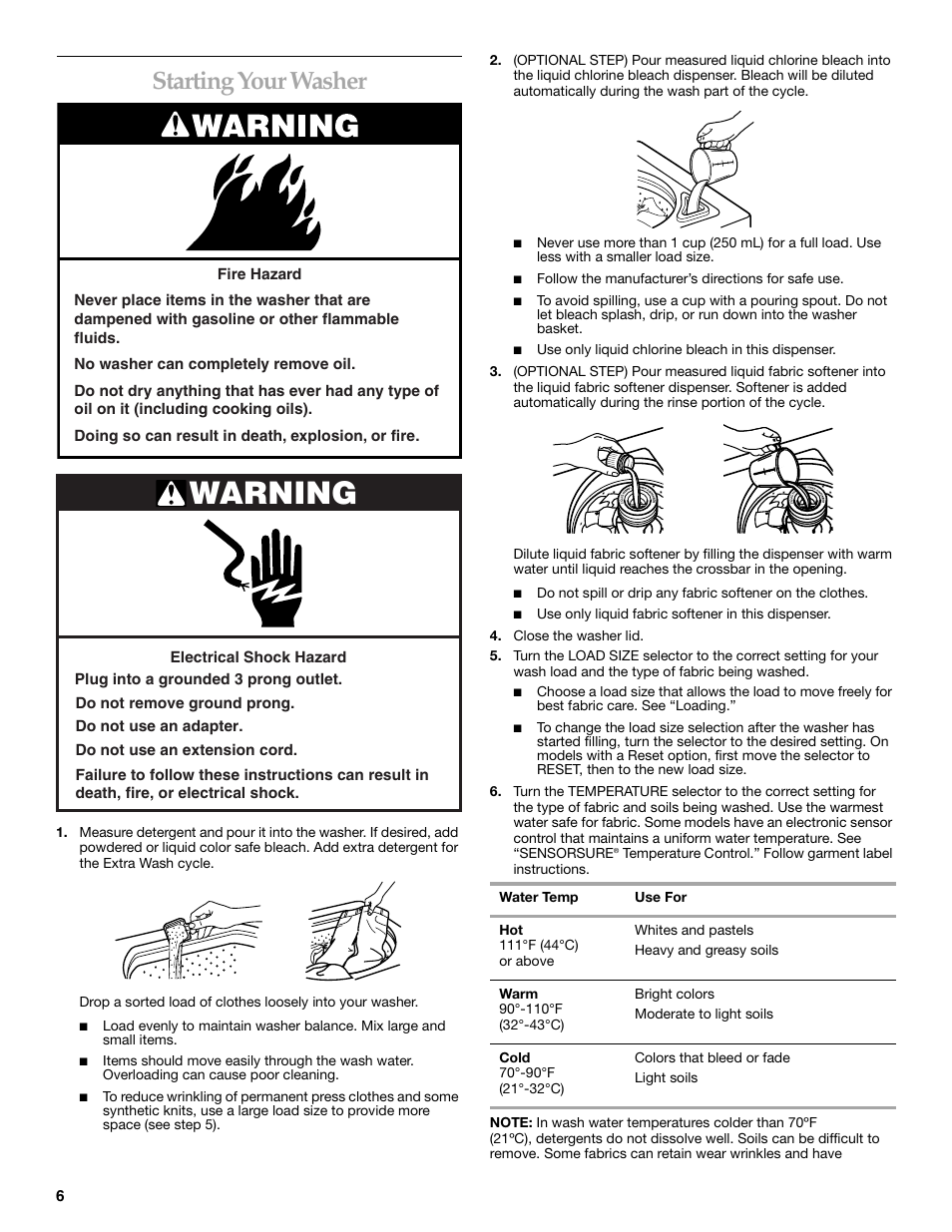 Starting your washer, Warning | KITCHENAID KAWS750J User Manual | Page 6 / 12