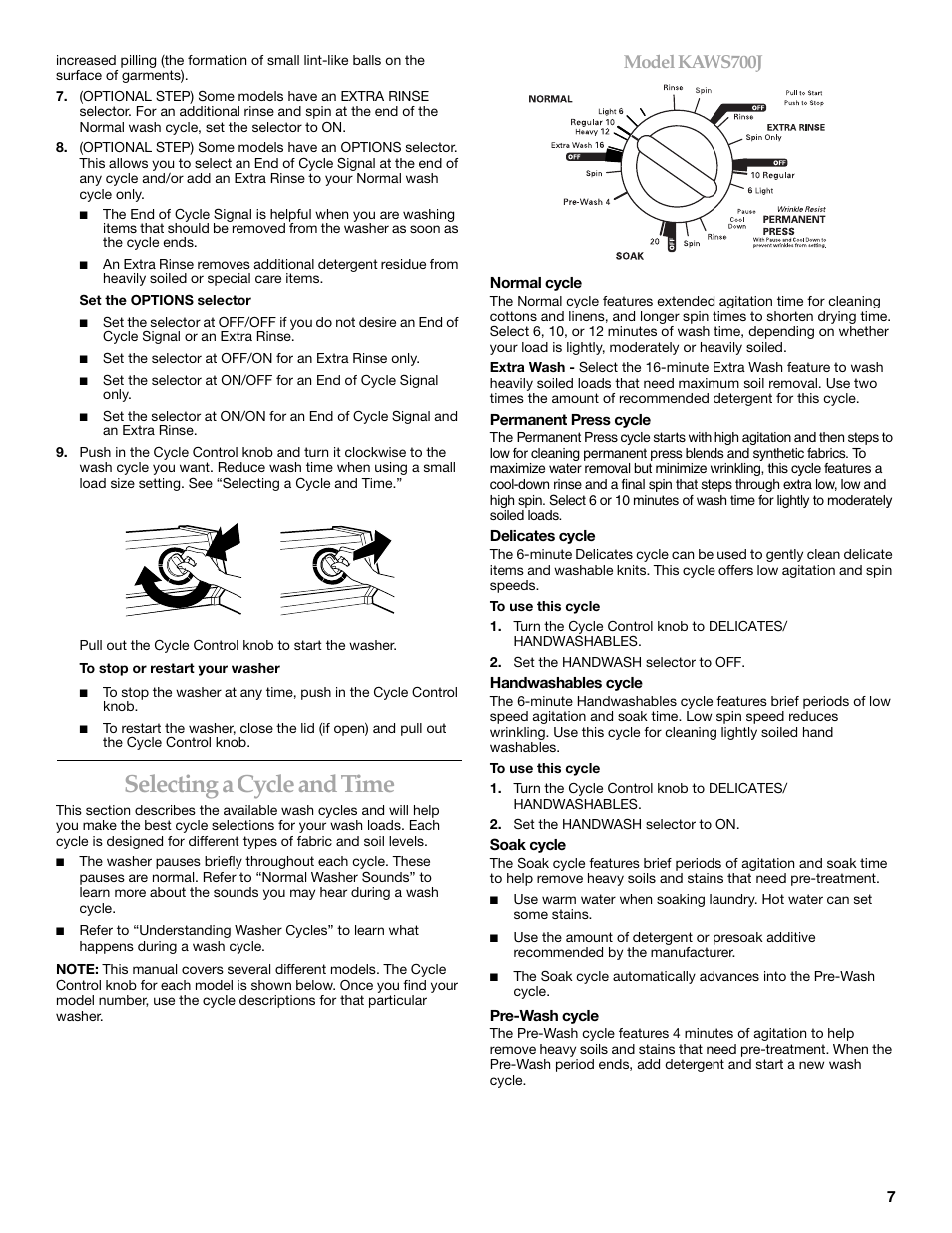 Selecting a cycle and time, Model kaws700j | KITCHENAID KAWS750J User Manual | Page 7 / 12