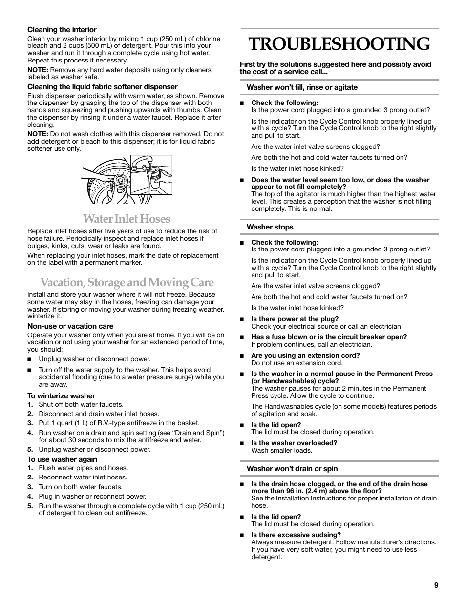 Water inlet hoses, Vacation, storage and moving care, Troubleshooting | KITCHENAID KAWS750J User Manual | Page 9 / 12