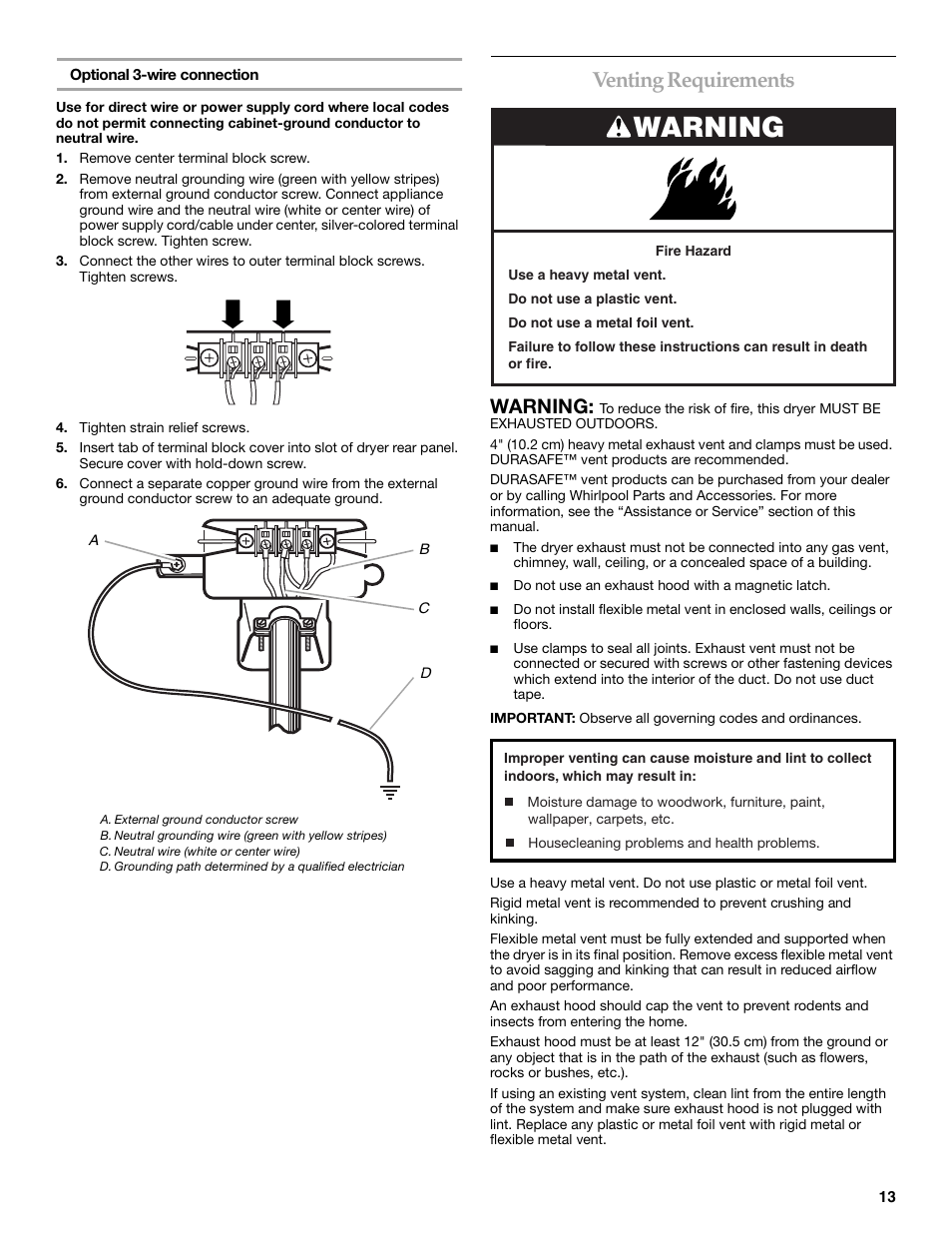 Venting requirements, Warning | KITCHENAID KEHS01P User Manual | Page 13 / 72