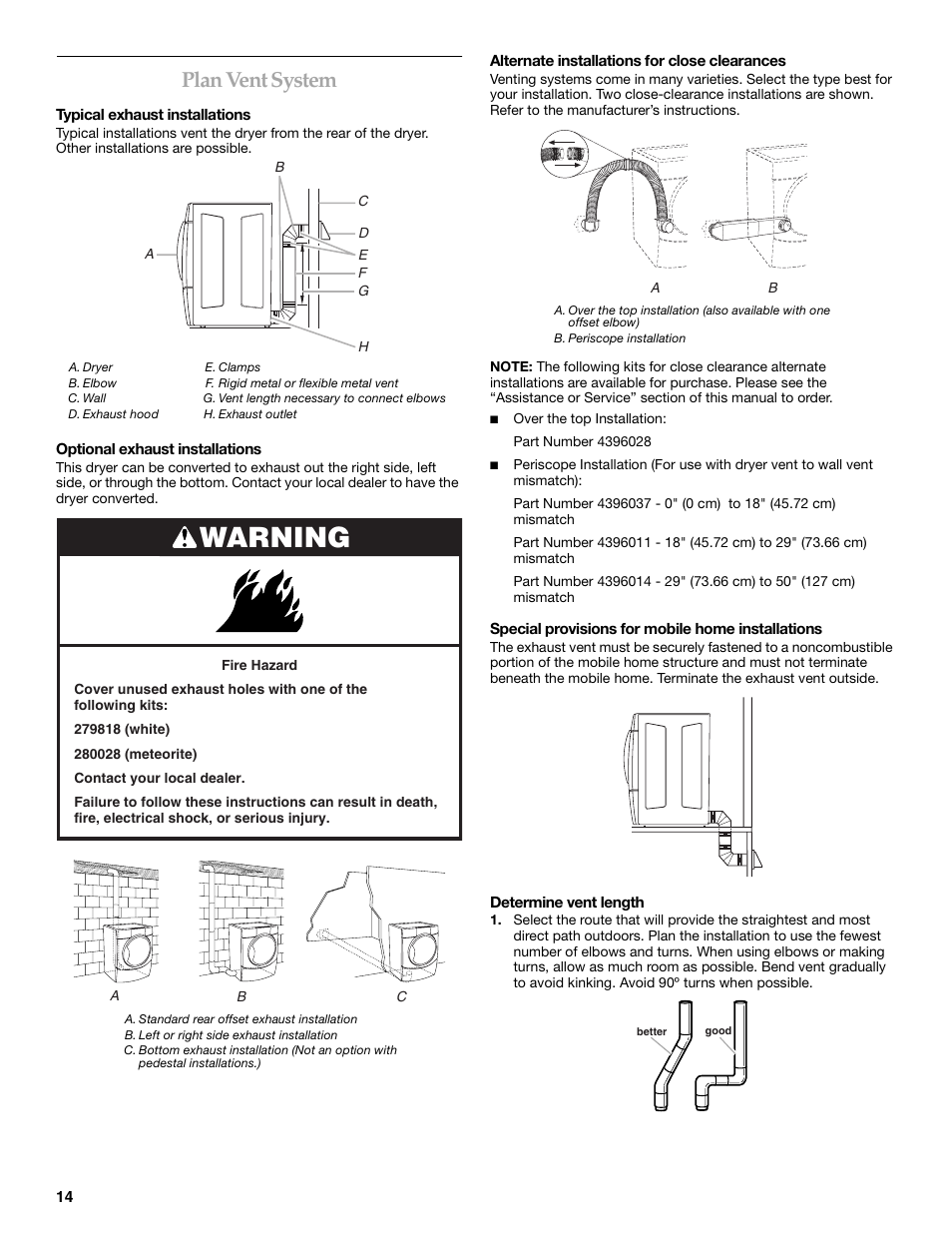 Warning, Plan vent system | KITCHENAID KEHS01P User Manual | Page 14 / 72