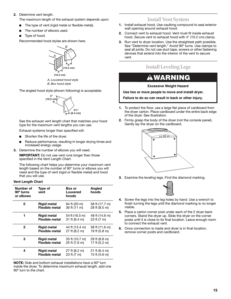 Warning, Install vent system, Install leveling legs | KITCHENAID KEHS01P User Manual | Page 15 / 72