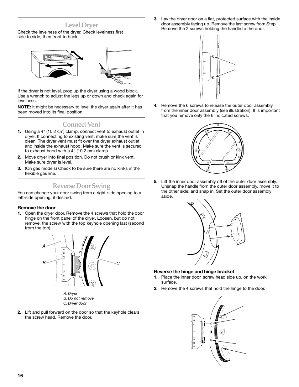 Level dryer, Connect vent, Reverse door swing | KITCHENAID KEHS01P User Manual | Page 16 / 72