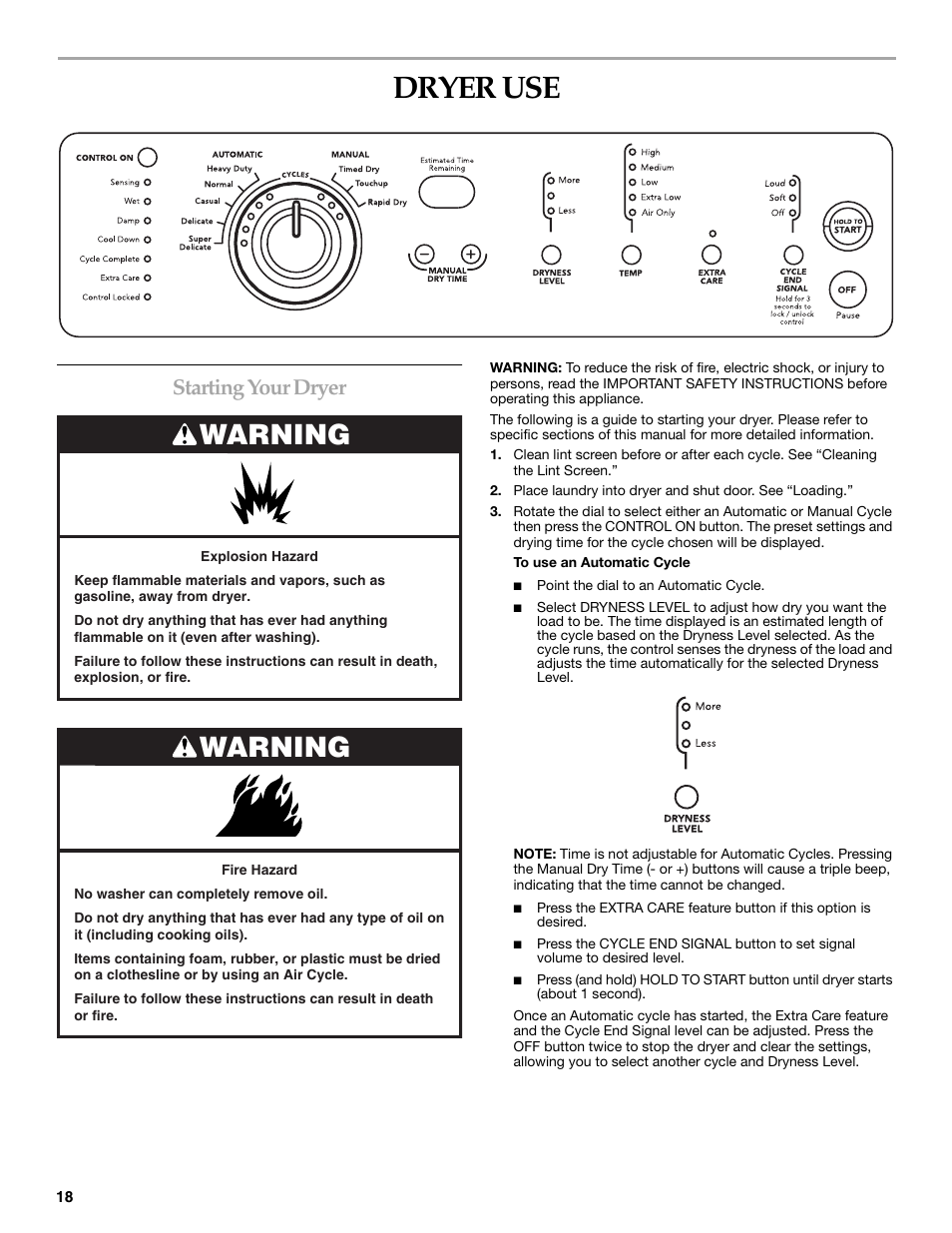 Dryer use, Warning, Starting your dryer | KITCHENAID KEHS01P User Manual | Page 18 / 72