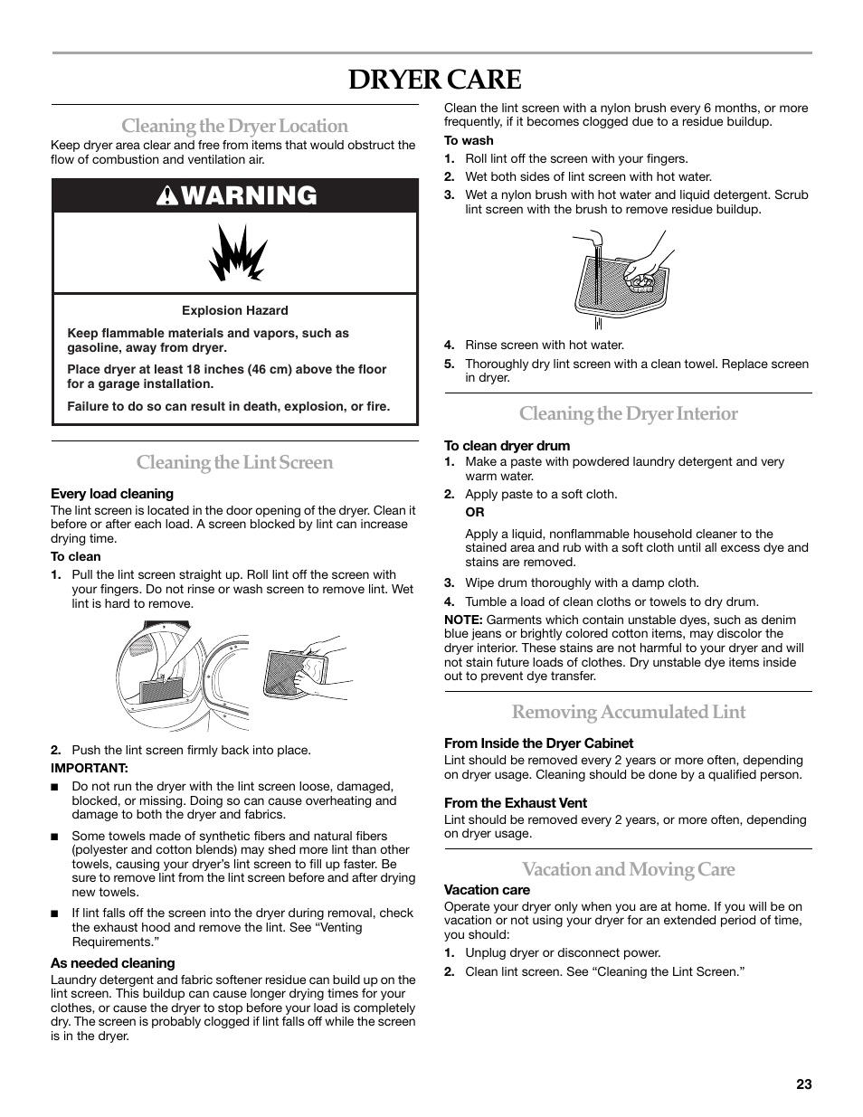 Dryer care, Warning, Cleaning the dryer location | Cleaning the lint screen, Cleaning the dryer interior, Removing accumulated lint, Vacation and moving care | KITCHENAID KEHS01P User Manual | Page 23 / 72