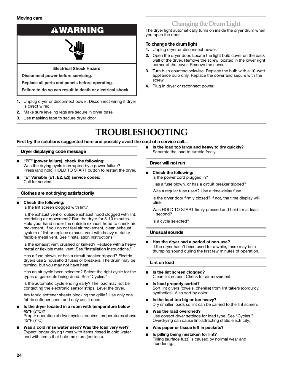 Troubleshooting, Warning, Changing the drum light | KITCHENAID KEHS01P User Manual | Page 24 / 72