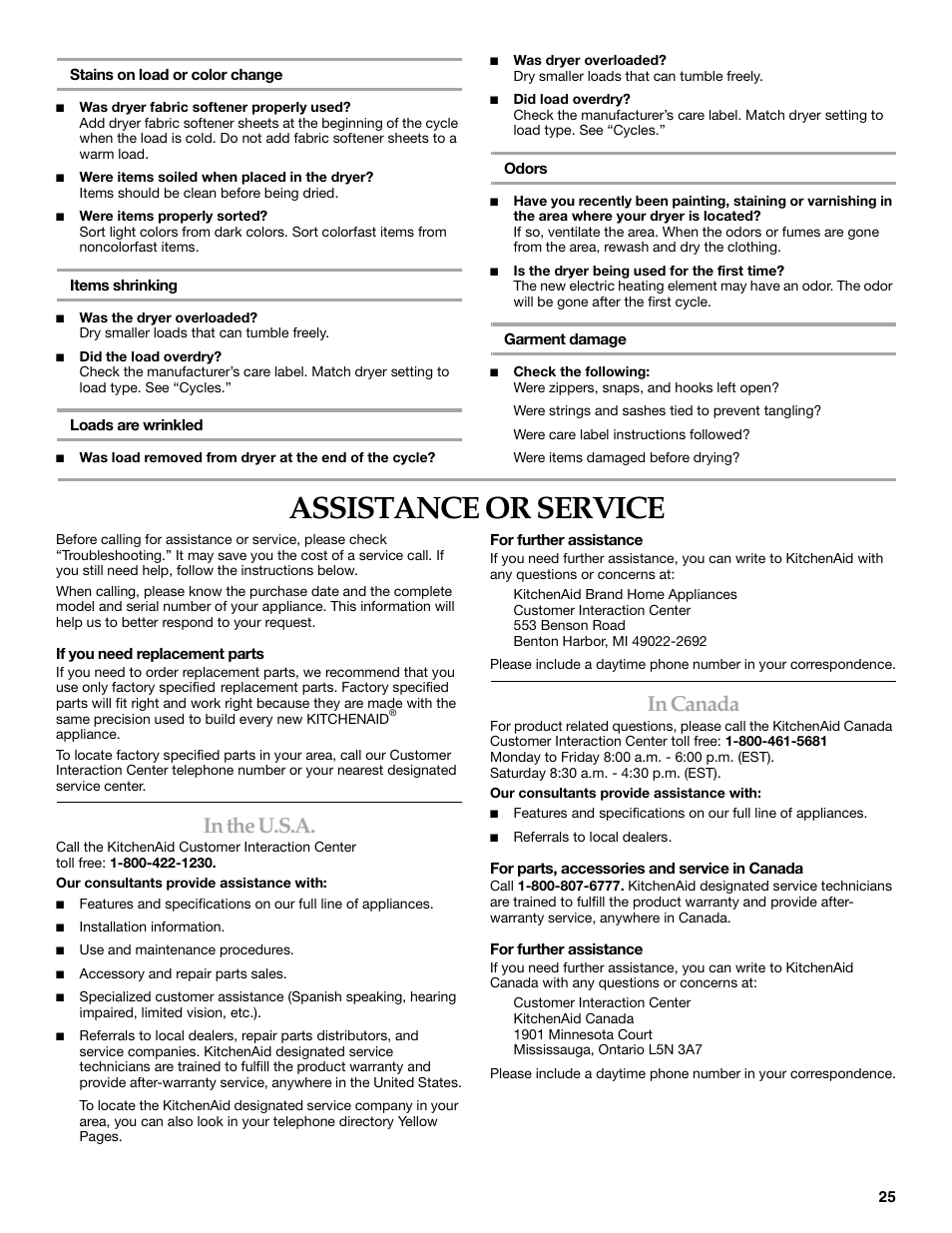 Assistance or service | KITCHENAID KEHS01P User Manual | Page 25 / 72