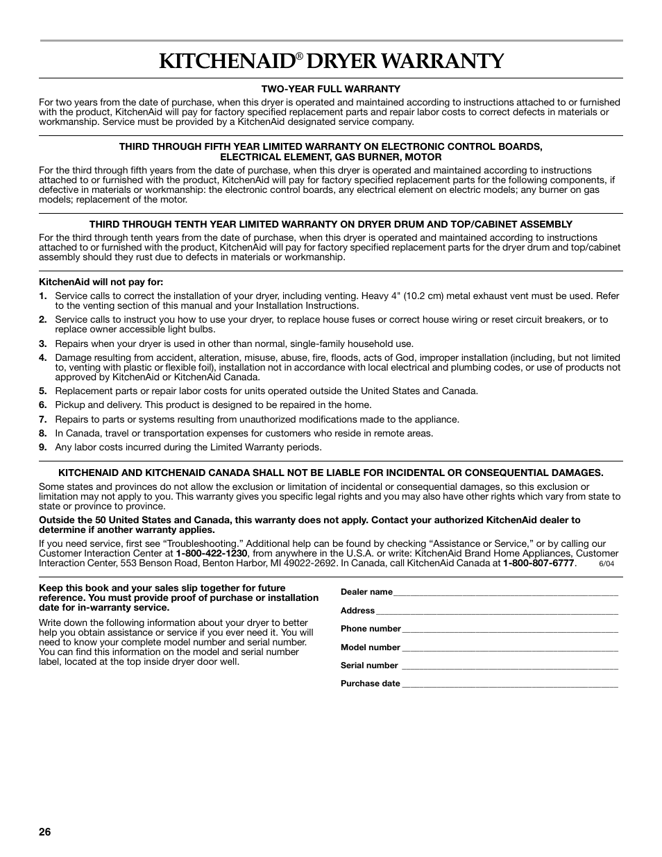 Kitchenaid, Dryer warranty | KITCHENAID KEHS01P User Manual | Page 26 / 72